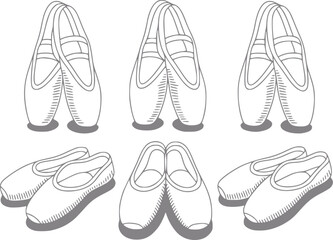 Una colección de zapatillas de ballet y zapatos de baile dibujados a mano dispuestos en un patrón de cuadrícula sobre fondo blanco © Rifat