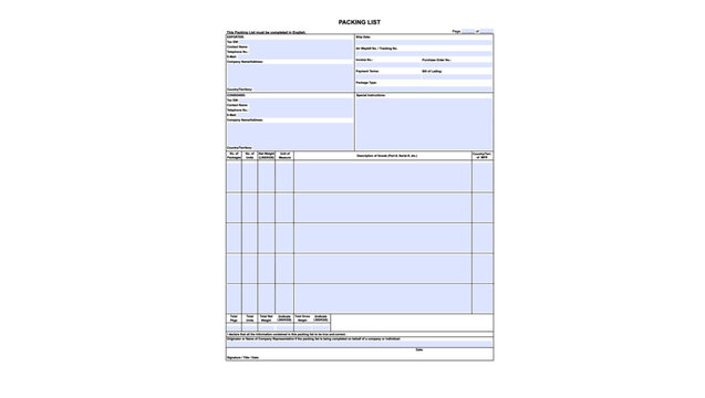 packing list fillable form, color vector illustration