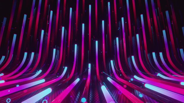 Hypnotic seamless loop of a futuristic geometric array. Abstract digital system made of glowing tubes, and textured metal grids, creating deep abstract background.