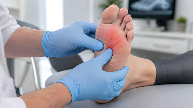 Morton neuroma forefoot examination and treatment procedure showing metatarsalgia pain assessment in a clinical podiatry setting for medical education, patient communication, and healthcare use