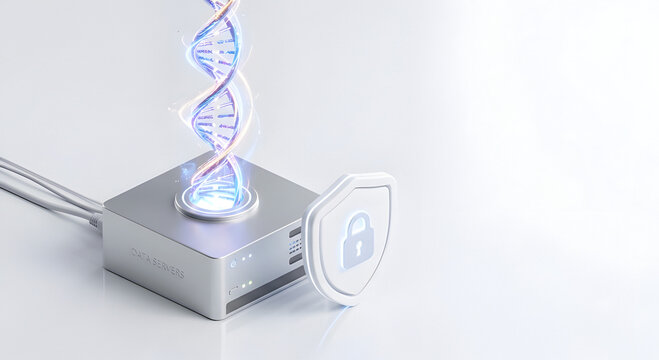 3D Isometric View of a Secure Digital Health Server Block with a Glowing Holographic DNA Strand and Protection Shield