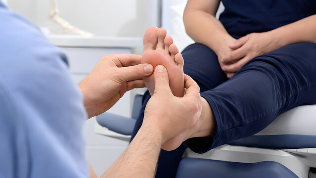 Morton neuroma forefoot examination and treatment procedure showing metatarsalgia pain assessment in a clinical podiatry setting for medical education, patient communication, and healthcare use