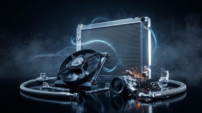 Automotive engine cooling radiator system with electric fan and hoses radiator automotive