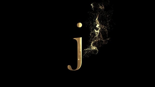 Small English letter J of the alphabet with gold particles and transparent background, golden letter
