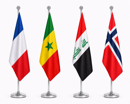 Four national flags of France, Senegal, Iraq, and Norway mounted on silver flagpoles against a white background, representing different countries and cultures.