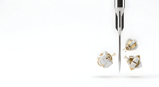 Detailed 3D Medical Illustration of Futuristic Nanobots Hovering Near a Precision Micro Needle for Targeted Drug Delivery