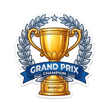 Gold trophy award for grand prix champion winner with trophy cup gold metal winner ribbo
