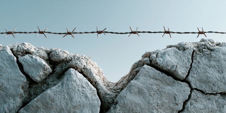 Separation barrier rocks barbed wire divide concept