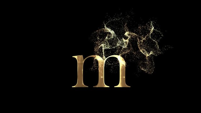 Small English letter M of the alphabet with gold particles and transparent background, golden letter