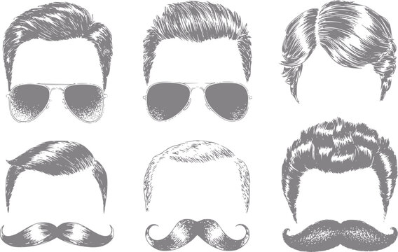 Una colecci&oacute;n de peinados masculinos vintage, bigotes y gafas de sol dibujados a mano aislados sobre fondo blanco