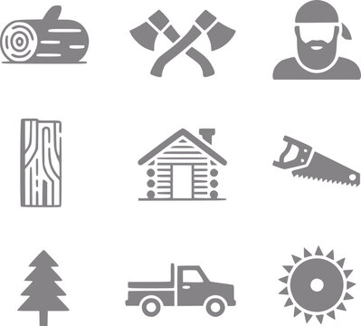 Una colecci&oacute;n de iconos de la industria maderera y forestal con madera, herramientas, caba&ntilde;as y equipo de tala