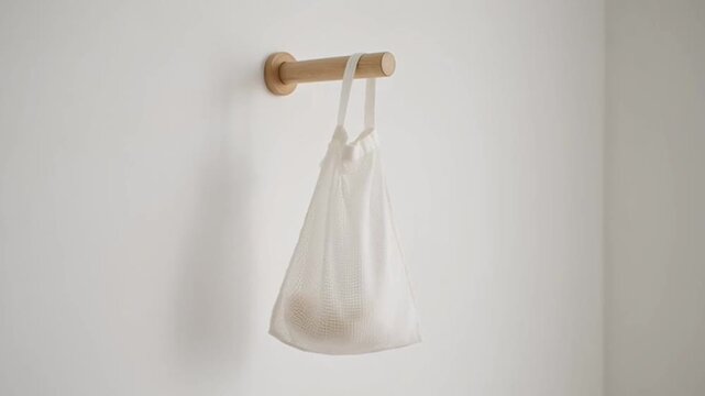 A reusable white mesh produce bag hanging on a minimalist wooden wall hook.
