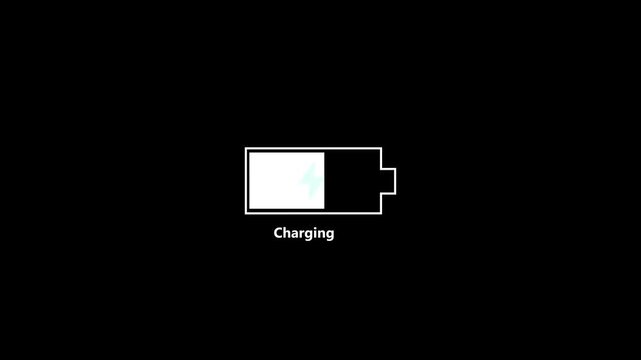 Animation of battery charging indicator on black background: low red to full green icon. Animation of cell phone battery charging icon.