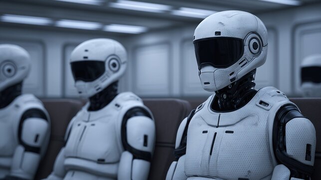 Three futuristic white robots with black visors sit in a sleek, modern environment, suggesting advanced AI or robotics technology.