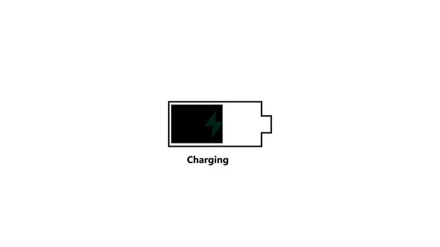 Animation of battery charging indicator on white background: low red to full green icon. Animation of cell phone battery charging icon.