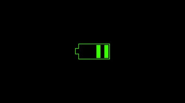 Animation of battery charging indicator: low to full icon. Animation of mobile phone battery charging icon.
