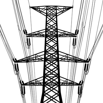 Large industrial high voltage electricity pylon steel tower silhouette