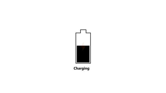 Animation of battery charging indicator on white background: low red to full green icon. Animation of cell phone battery charging icon.