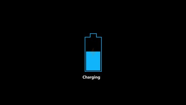 Animation of battery charging indicator on black background: low red to full green icon. Animation of cell phone battery charging icon.