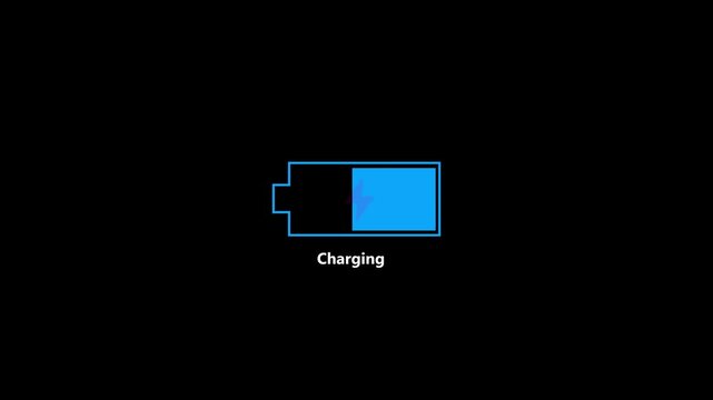 Animation of battery charging indicator on black background: low red to full green icon. Animation of cell phone battery charging icon.