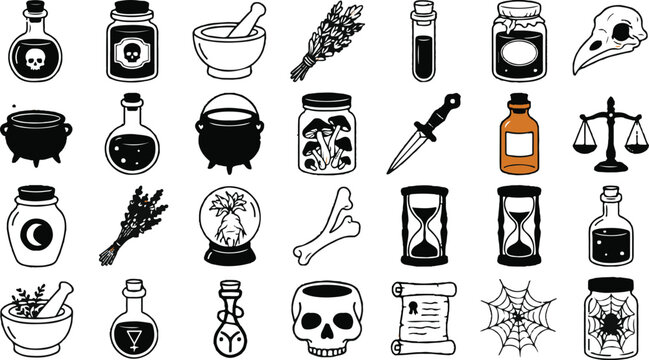 Witchcraft and alchemy doodle icon set. Magic potions, skull, spell ingredients, crystal ball, cauldron, and spooky halloween vector elements isolated on white background.