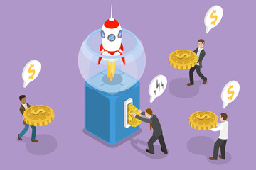 Fototapeta premium 3D Isometric Flat Vector Illustration of Crowdfunding, Fundraising, Businessmen Contribute To Launch Rocket In Gumball Machine