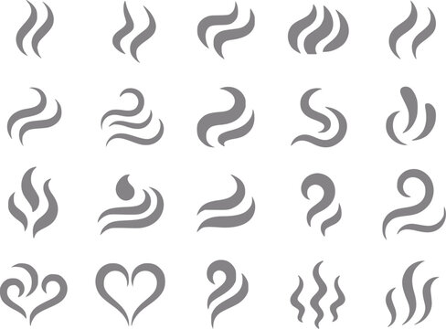 Una colecci&oacute;n de varios remolinos grises de vapor, humo y aroma aislados sobre un fondo blanco liso