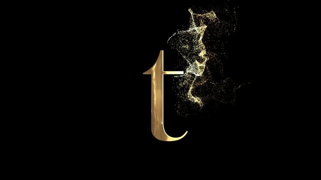 Small English letter T of the alphabet with gold particles and transparent background, golden letter