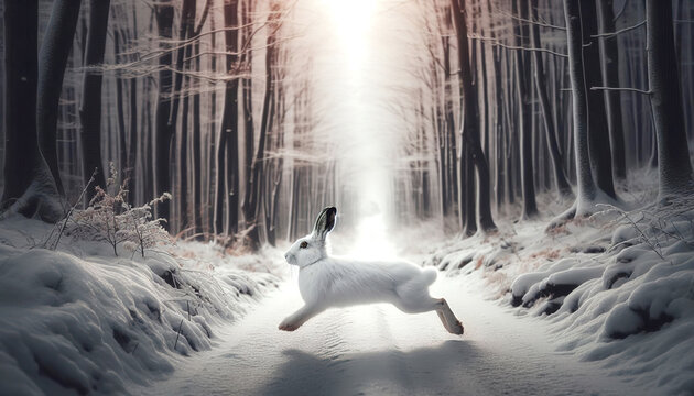 White hare jumping on forest path in winter woods with bright sunlight
