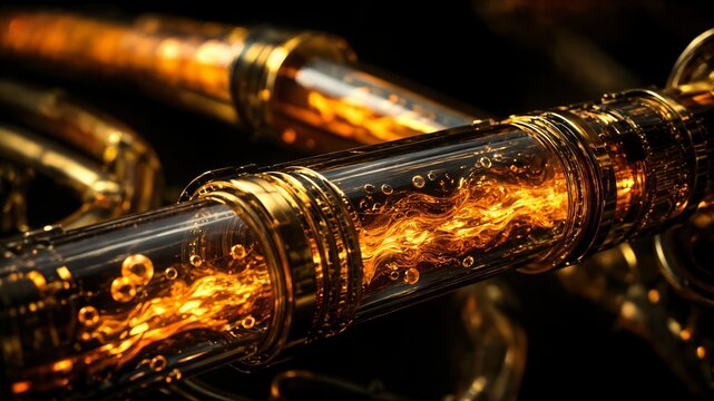 Abstract glowing amber fluid traveling through a microscopic gold tube, dark background, cyberpunk macro concept, depth of field, high quality 3d render.