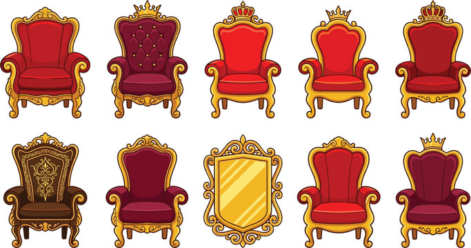 Royal Golden Throne Chair Icon Set with Red Velvet Upholstery and Luxury Crown Ornaments for Game UI Design Casino Graphics and Fantasy Branding