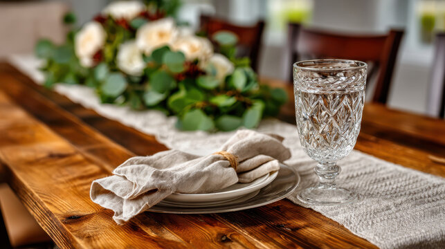 Elegant birthday table setting with crystal water glass, neutral linen napkin and rustic wood runner for event styling, restaurant menu display and wedding rehearsal dinner inspiration