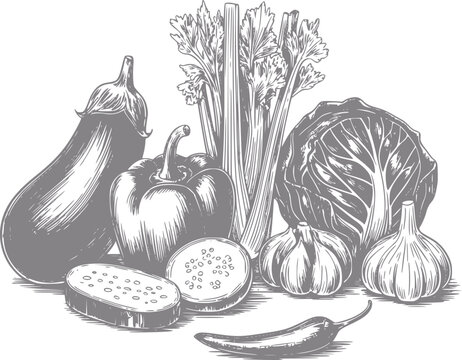 Un dibujo detallado a mano con una variedad de verduras org&aacute;nicas frescas para recetas de cocina saludable