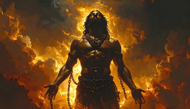 Dramatic Digital Art of a Powerful Mythological Man Bound by Chains Amidst Fiery Clouds and Golden Light, Epic Fantasy Illustration with Copy Space