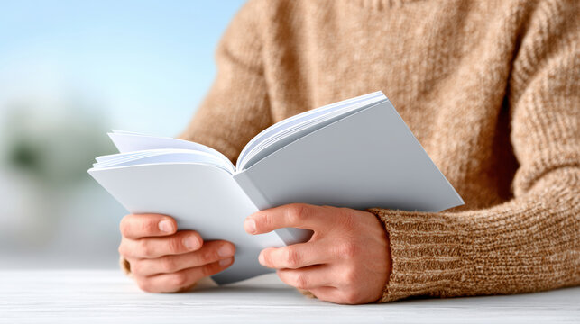 Reading mockup hands turning pages of a blank magazine template close up with cozy sweater for editorial layout review, print design presentation and publication proofing workflow