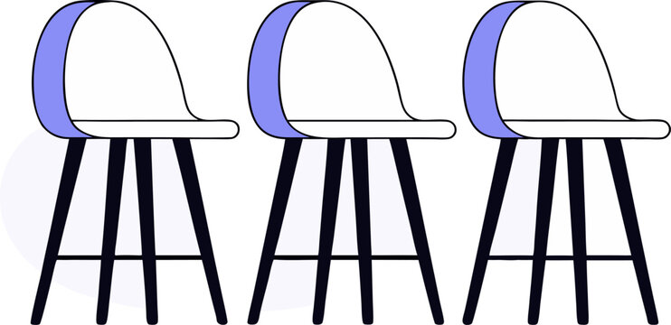 Design a modern set of bar stools with minimalist, sleek lines and a comfortable high-back seat. The stools should feature light-colored plastic seats paired with natural wood legs, giving them an ele