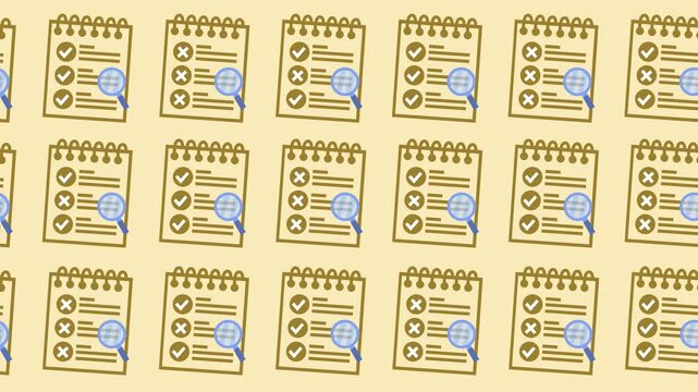 Seamless pattern of spiral note pads with checkmarks, cross marks, and a magnifying glass search icon on a beige background animation for quality control inspection wallpaper and audit review backdrop