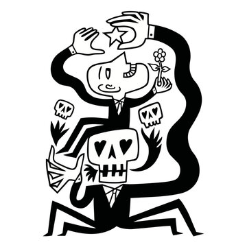 Duality of life and death surreal black white illustration