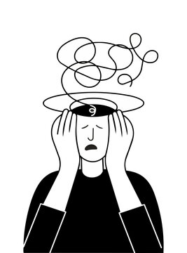 Stressed person with open head and tangled thoughts line art