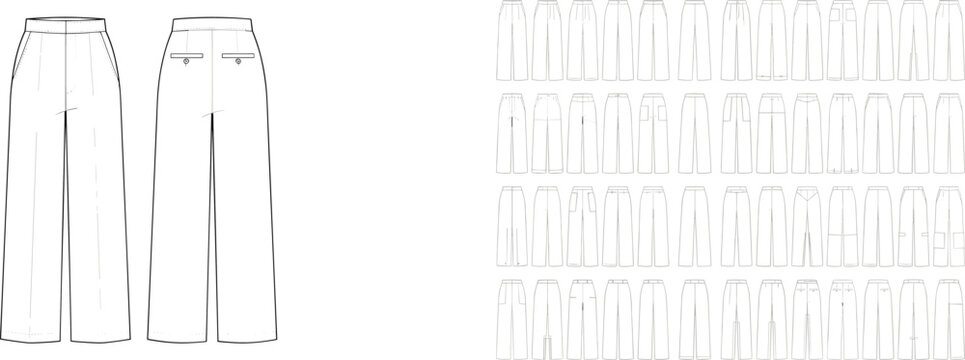 Detailed technical drawings of wide-leg trousers and a variety of pant designs Keywords: trousers, pants, wide-leg, fashion design