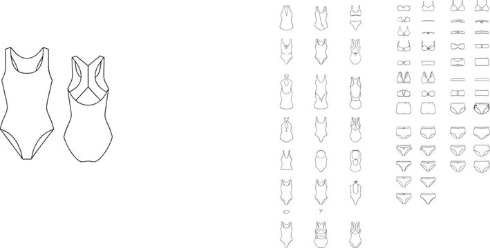 Extensive Collection of Swimwear and Bikini Flat Sketches for Fashion Design swimsuit one-piece