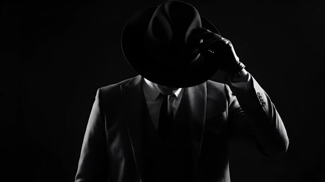 A mysterious video shows a person in a stylish suit and hat adjusting their headwear against a dark background