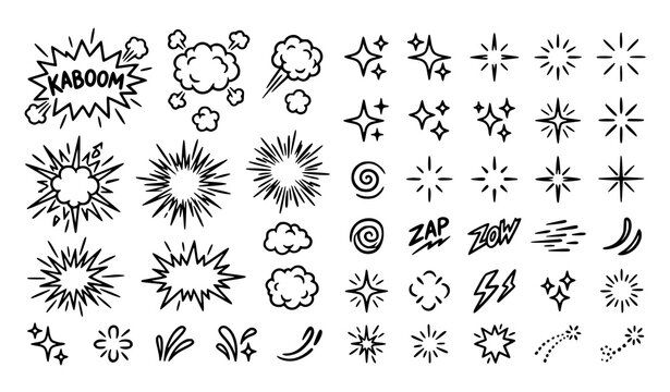 Comic Style Explosion Burst Speech Bubble Collection with Smoke Stars Lightning and Action Effects