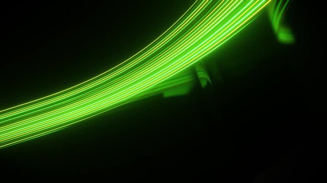 Abstract green neon light lines on a black background, modern technology design. Seamless loop