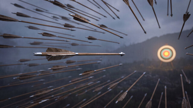Arrows fly through the air toward a distant target in a dramatic display of focus and precision.