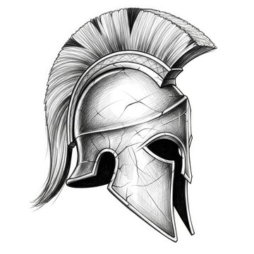 Black ink Spartan helmet sketch with weathered textures.