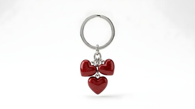 Shiny red heart keychain with three metallic heart charms hanging on a silver ring isolated on a clean white background for romantic gift concepts