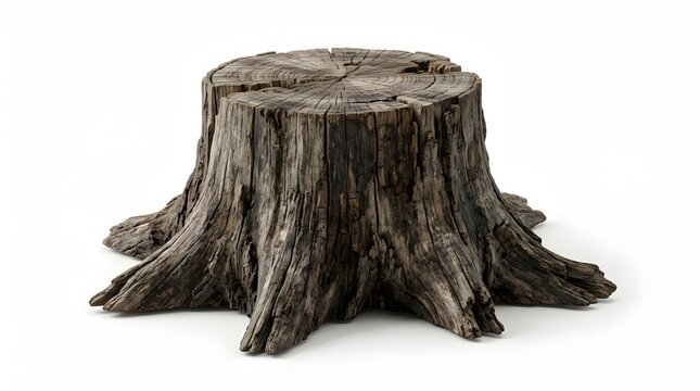 A single charred wooden tree stump with dark burnt texture isolated on a white background