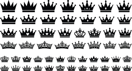 Large collection of black royal crown and tiara silhouettes for heraldry and luxury logo design © Asib