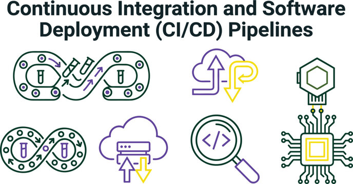 Set of professional icons for Continuous Integration and Software Deployment CI CD pipelines and DevOps development workflow
